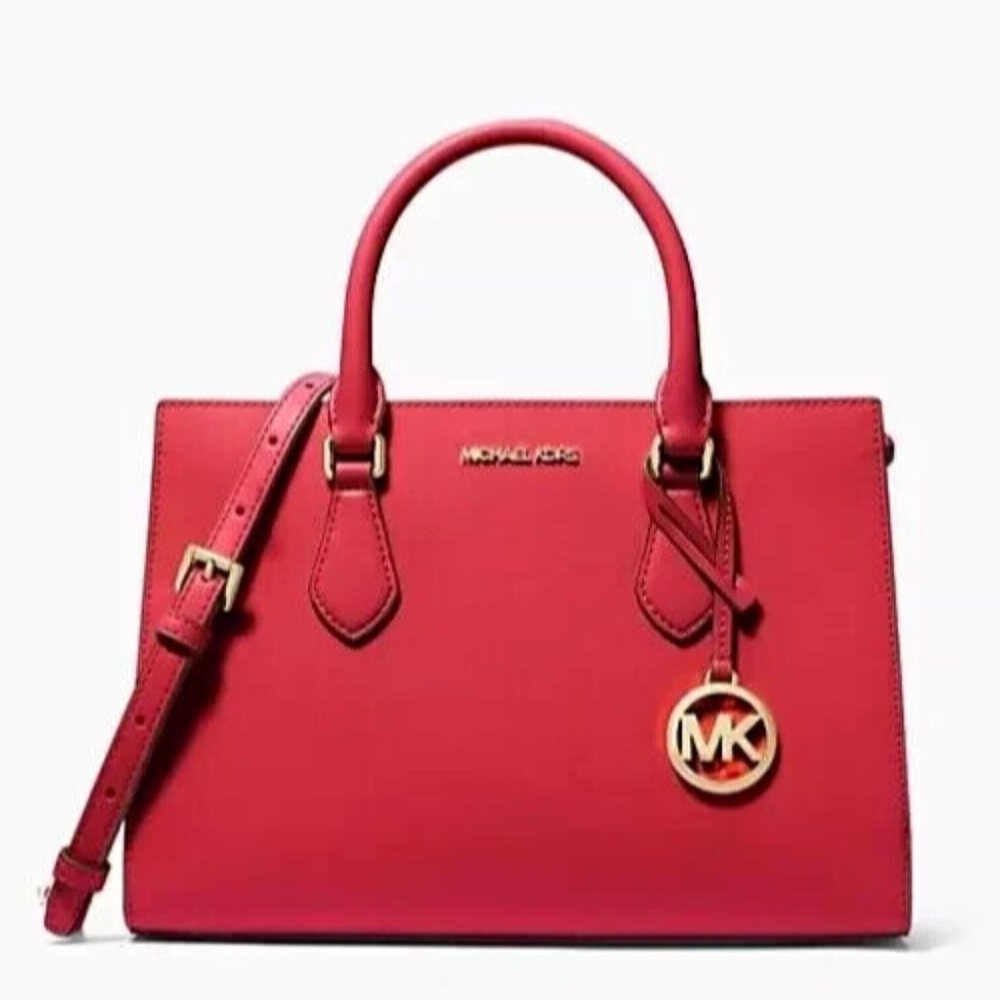 New Michael Kors Sheila Medium Saffiano Vegan Leather Satchel Bright Red - Picture 3 of 7